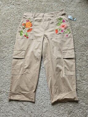 Anthropologie Embroidered Cargo Pants Womens 1X Khaki Linen Blend